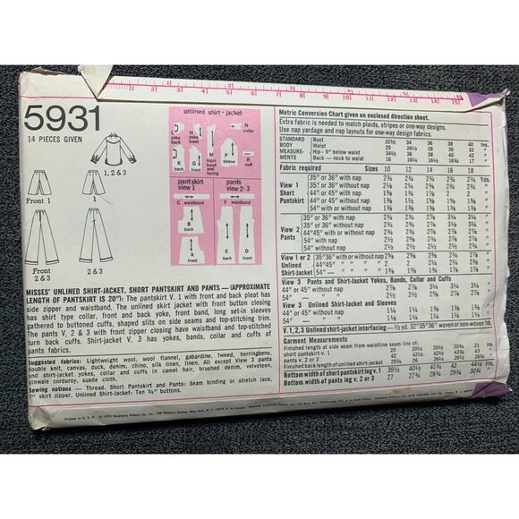 Simplicity Misses Shirt Jacket Short pants Sewing Pattern sz 10 5931 - uncut - Picture 5 of 10
